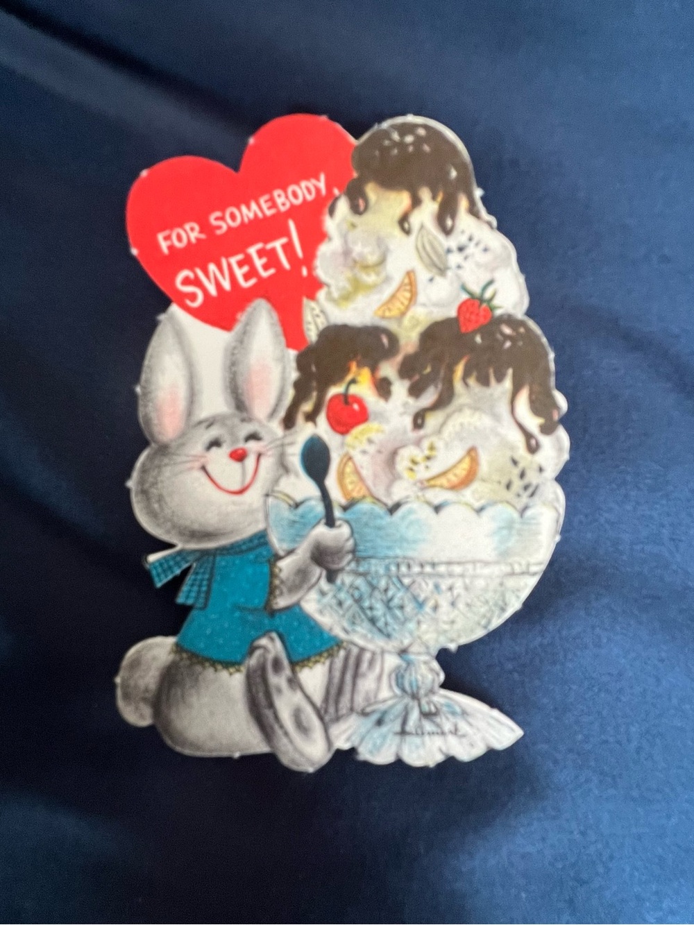 Vintage Bunny with Sundae Sweetheart Die-Cut Pin - Red & Blue Accents